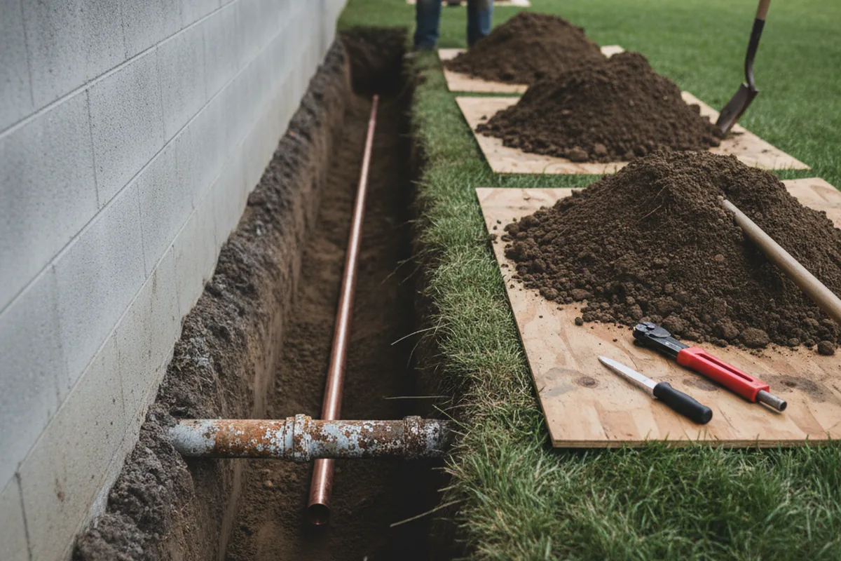 Excavated water line trench during Sewer Line Repair in Greenfield